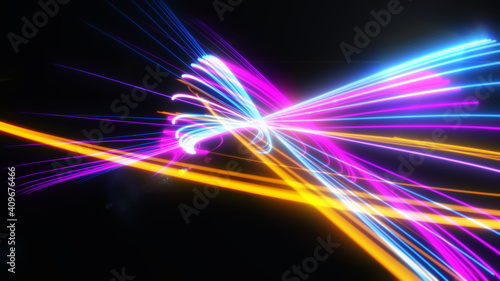 Abstract neon lines.Glowing lines.Laser show.Bright colorful background from stripes.3d rendering,illustration.