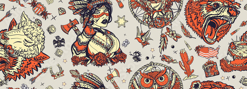 Native American Indian old school tattoo style. Ethnic warrior girl, wolves and bear, dream catcher. Seamless pattern. Tribal culture and history. Traditional tattooing art photo