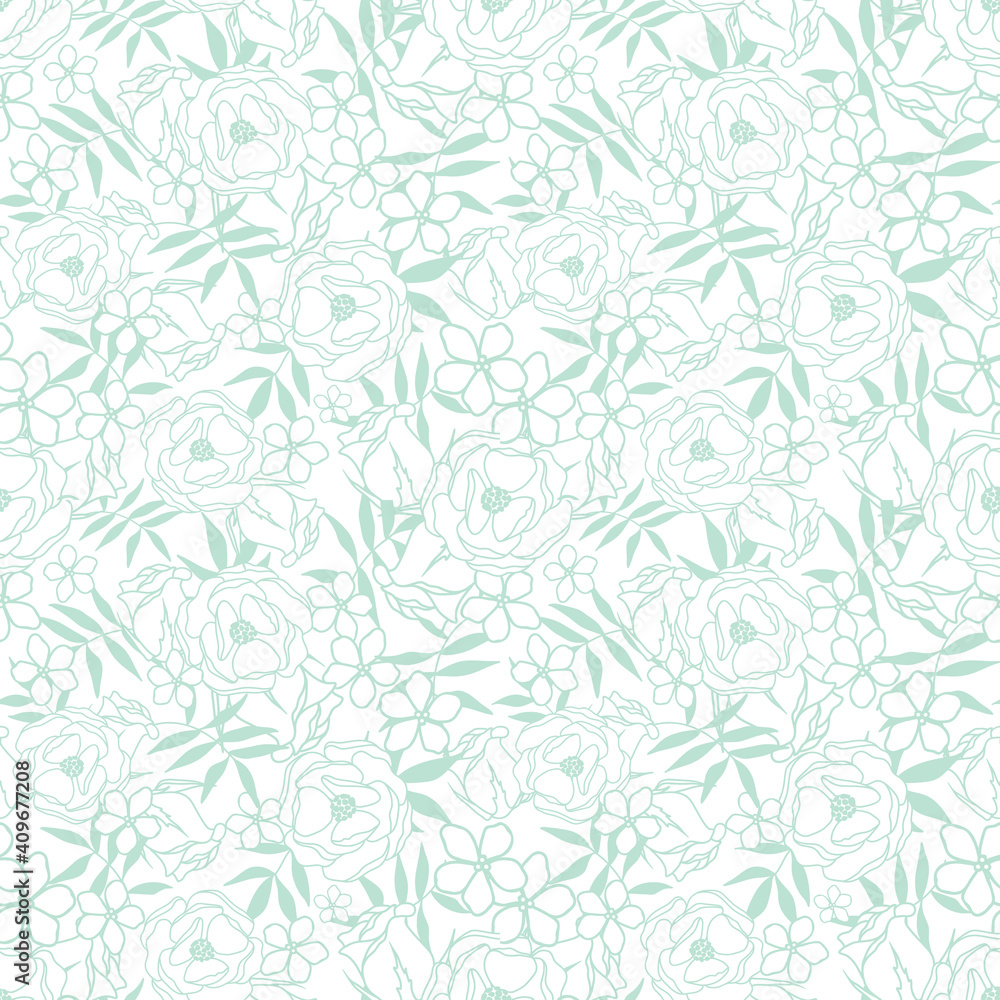 Vector white garden tea party seamless pattern background. Perfect for fabric, scrapbooking, wrap paper, wallpaper projects.