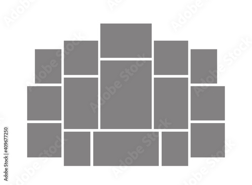 Template collage frames for photo or illustration gallery, moodboard. Vector mockup of symmetrical mosaic grid of pictures isolated on white background