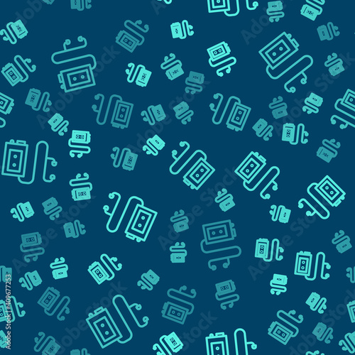 Green line Museum audio guide icon isolated seamless pattern on blue background. Headphones for excursions. Vector.