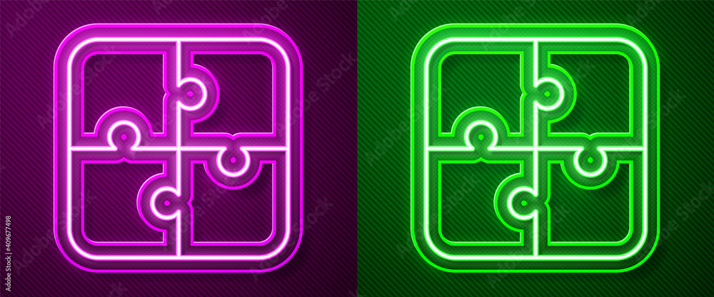 Glowing neon line Puzzle pieces toy icon isolated on purple and green background. Vector. Glowing neon line Puzzle pieces toy icon isolated on purple and green background. Vector.