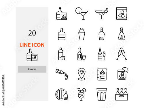 set of alcohol thin line icons, cocktail, pub, bar, drinks,