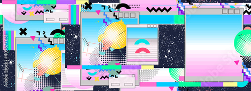 Vaporwave music seamless pattern. Contemporary cyberpunk background. Surreal retrofuturistic vector illustration. Glitch in universe. 80s and 90s internet pop culture style