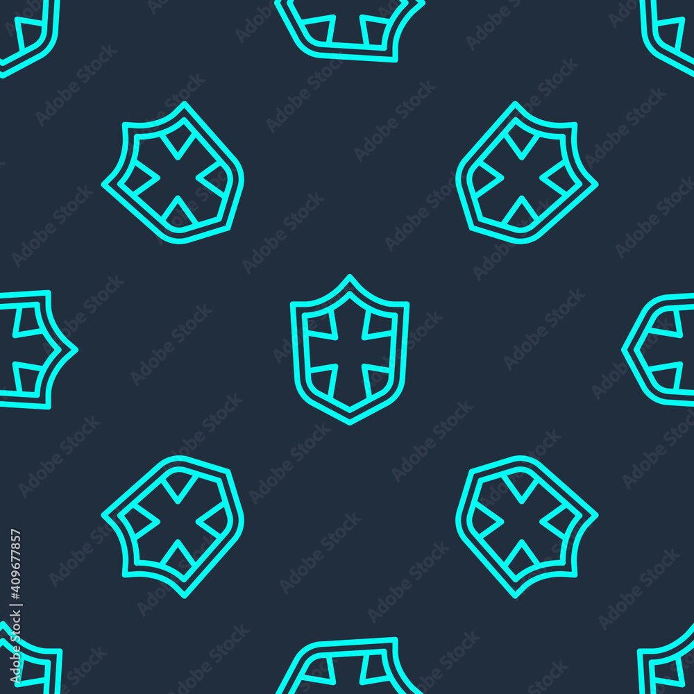 Green line Shield icon isolated seamless pattern on blue background. Guard sign. Security, safety, protection, privacy concept. Vector. Green line Shield icon isolated seamless pattern on blue background. Guard sign. Security, safety, protection, privacy concept. Vector.