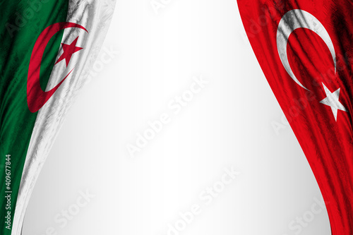 Flag of Algeria and Turkey with theater effect. 3D Illustration