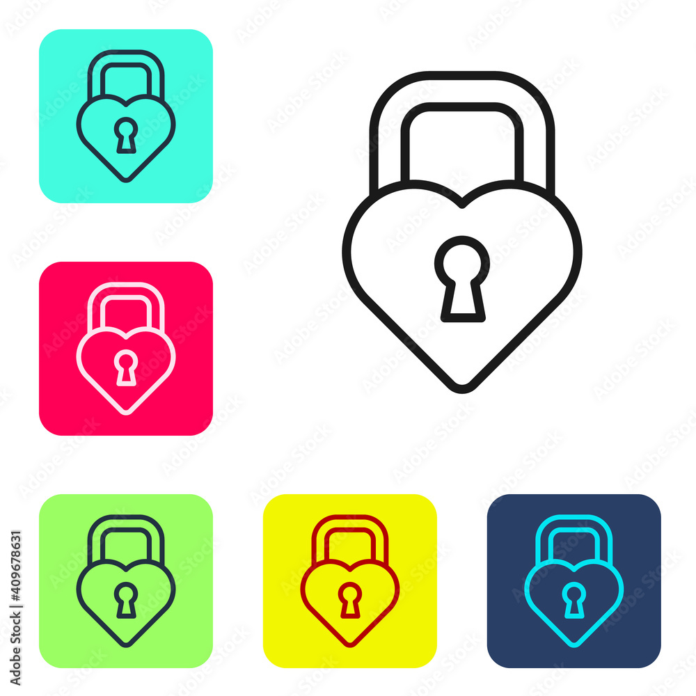 Black line Castle in the shape of a heart icon isolated on white background. Locked Heart. Love symbol and keyhole sign. Set icons in color square buttons. Vector. Black line Castle in the shape of a heart icon isolated on white background. Locked Heart. Love symbol and keyhole sign. Set icons in color square buttons. Vector.