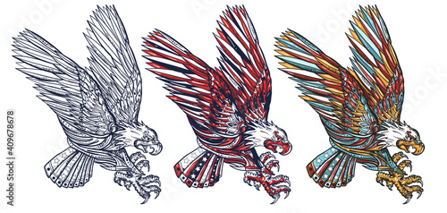 American white eagle. USA bird. Old school tattoo vector art. Hand drawn cartoon character set. Isolated on white. Traditional tattooing style