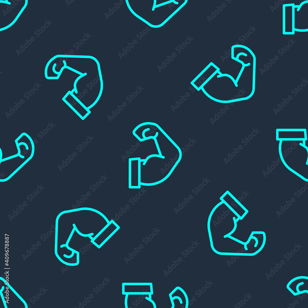 Green line Bodybuilder showing his muscles icon isolated seamless pattern on blue background. Fit fitness strength health hobby concept. Vector. Green line Bodybuilder showing his muscles icon isolated seamless pattern on blue background. Fit fitness strength health hobby concept. Vector.