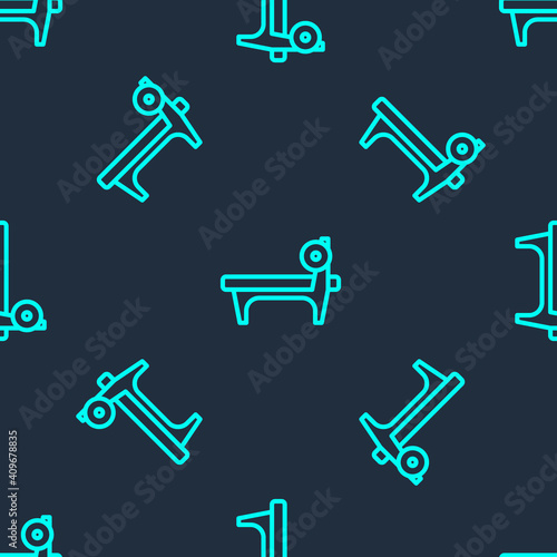 Green line Bench with barbel icon isolated seamless pattern on blue background. Gym equipment. Bodybuilding, powerlifting, fitness concept. Vector.
