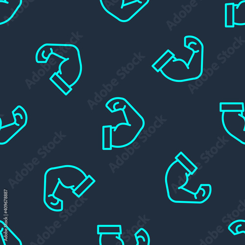 Green line Bodybuilder showing his muscles icon isolated seamless pattern on blue background. Fit fitness strength health hobby concept. Vector.