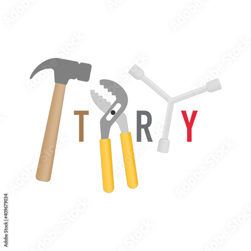 Hand tools and fixing place alternately with letters as a gimmick of try typographic design. Vector illustration outline flat design style.
