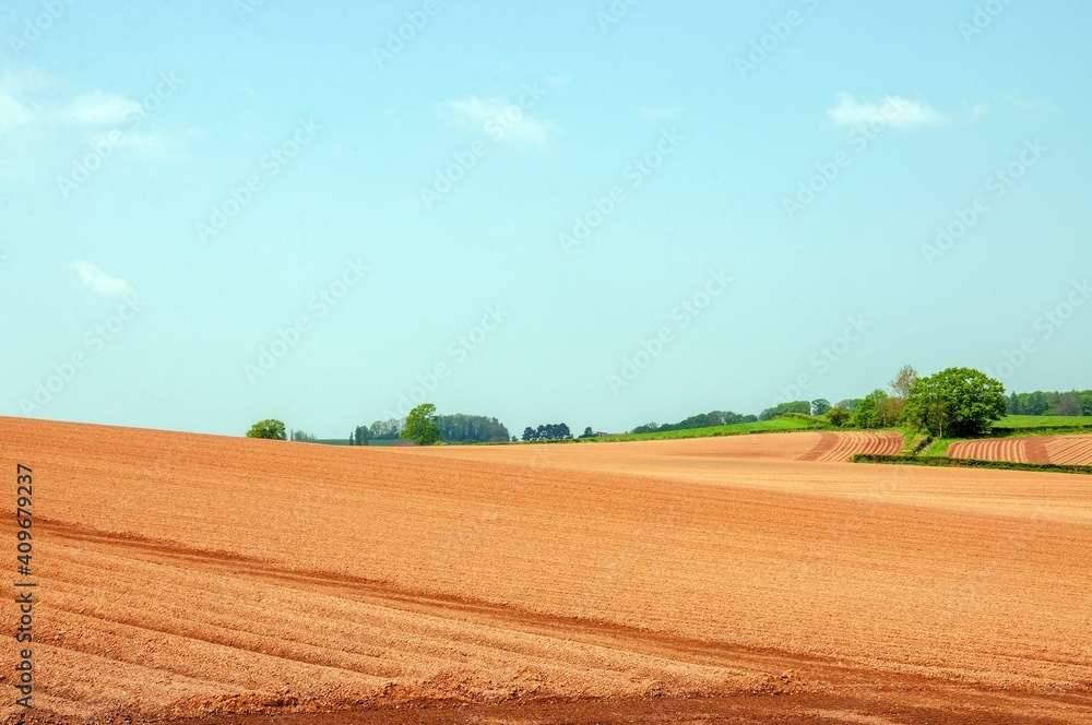 Ploughed field and blue sky in the summertime.