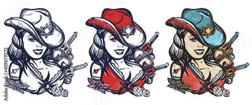 Cowboy girl. Pin up. American wild west woman sheriff portrait. Old school tattoo vector art. Hand drawn cartoon character set. Isolated on white. Traditional tattooing style