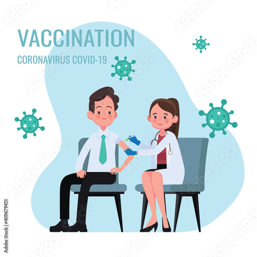 Doctor makes an injection of flu vaccine to man in hospital. coronavirus, Covid-19 , prevention and immunize.