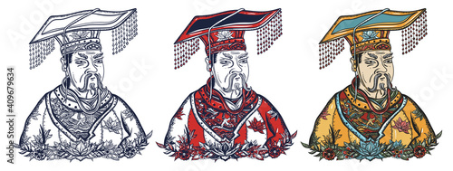 Chinese emperor portrait. Ancient China history and culture. Old school tattoo vector art. Hand drawn cartoon character set. Isolated on white. Traditional tattooing style
