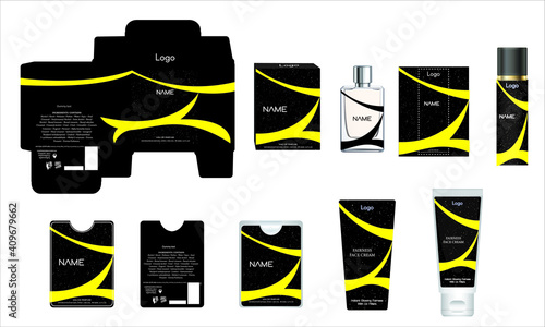 Packaging design, luxury perfume box, pocket perfume, deo design and face cream template and mock up box. Illustration vector.