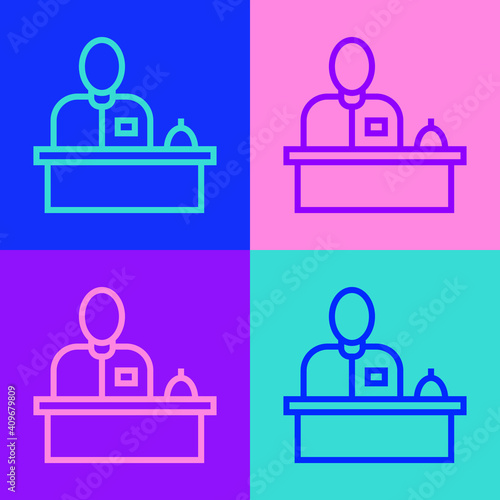 Pop art line Receptionist standing at hotel reception desk icon isolated on color background. Vector.