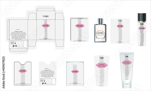 Packaging design, luxury perfume box, pocket perfume, deo design and face cream template and mock up box. Illustration vector.