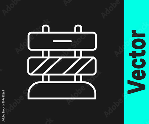 White line End of railway tracks icon isolated on black background. Stop sign. Railroad buffer end to destination. Vector.