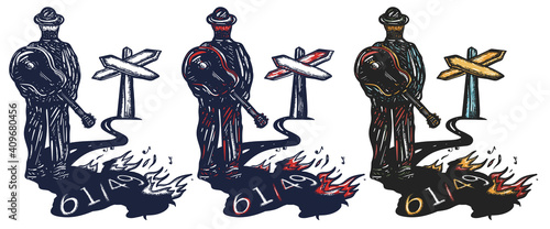 Blues music. Musical legend, crossroads and devil. Tattoo and t-shirt design. Musician bluesman with guitar walks on the road