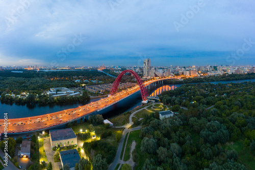Panoramic view of Moscow on a summer evening, Russia. Picturesque region in the north-west of Moscow city. Zhivopisny bridge across the Moscow river.