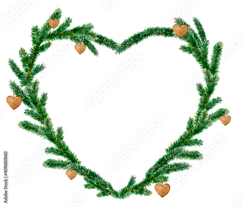 Watercolor Frame Heart of Spruce branches with wooden hearts. Christmas tree. Isolated on white. Perfect for Happy New Year cards and Merry Christmas or Valentine's Day.
