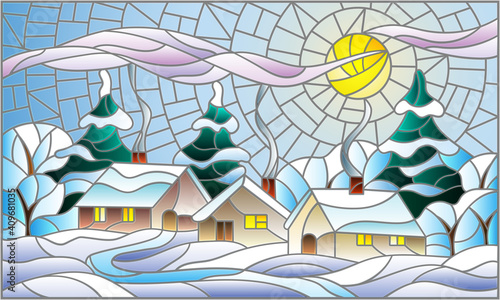 Illustration in a stained glass style with a winter landscape, cozy village houses against a snowdrift and a Sunny sky
