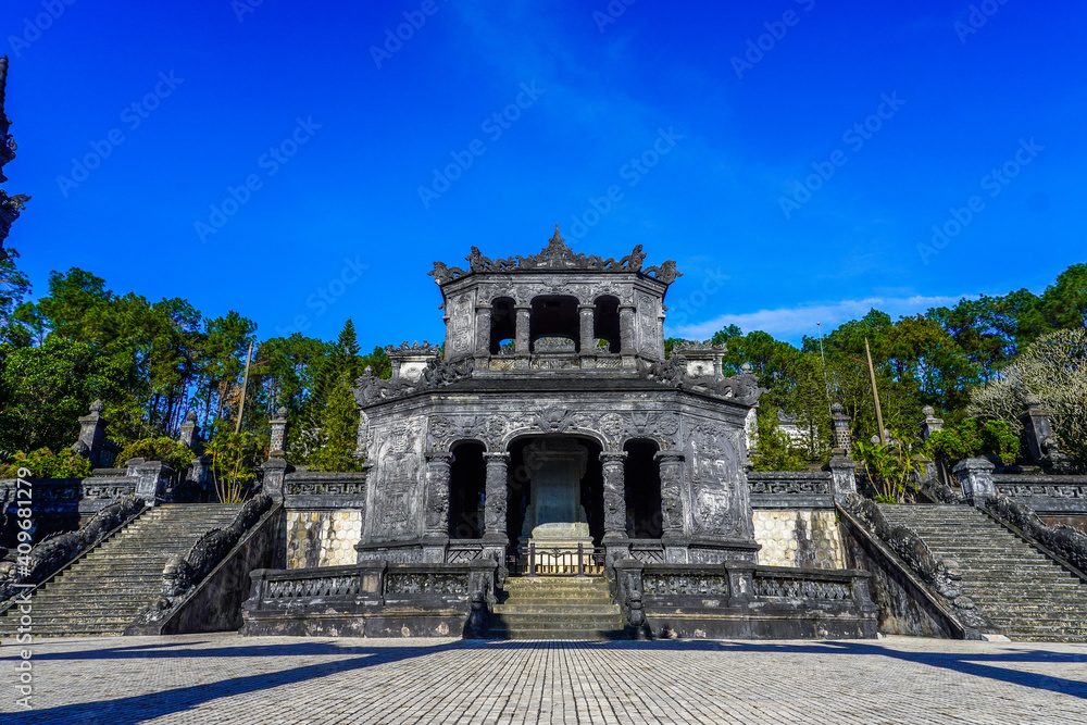 Imperial Khai Dinh Tomb in Hue city, Vietnam. A UNESCO World Heritage Site. Beautiful day with blue sky Imperial Khai Dinh Tomb in Hue city, Vietnam. A UNESCO World Heritage Site. Beautiful day with blue sky