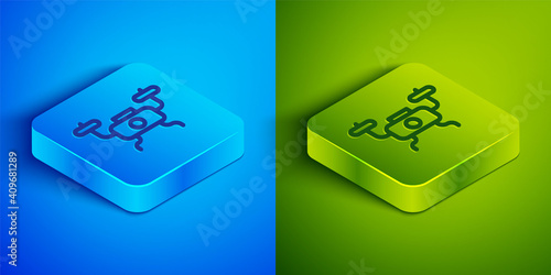 Isometric line Drone flying icon isolated on blue and green background. Quadrocopter with video and photo camera symbol. Square button. Vector.