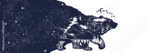 Animals in universe. Esoteric grizzly bear and night sky. Double exposure. Symbol of adventure, tourism and meditation. Black and white surreal graphic