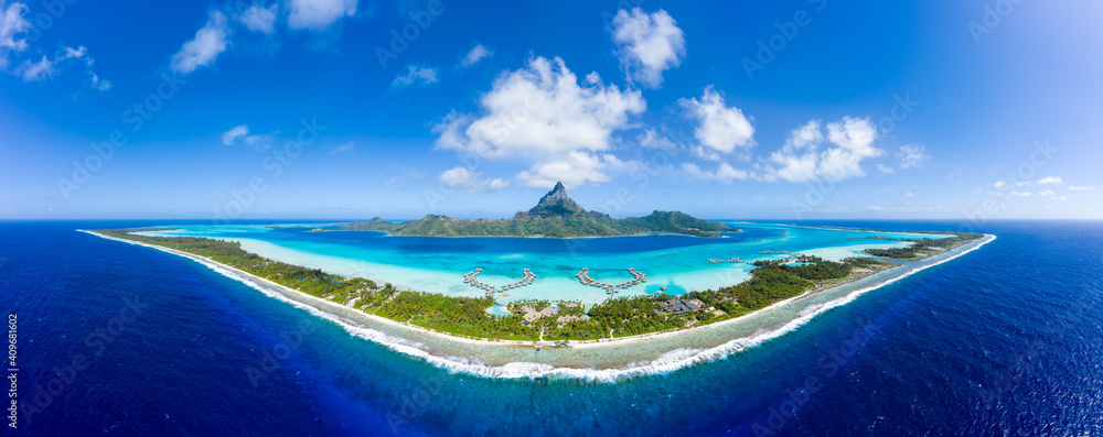 Aerial panorama of the Bora Bora atoll, French Polynesia, Oceania