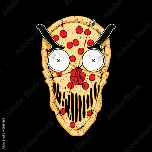 Pizza skull food graphic illustration vector art t-shirt design