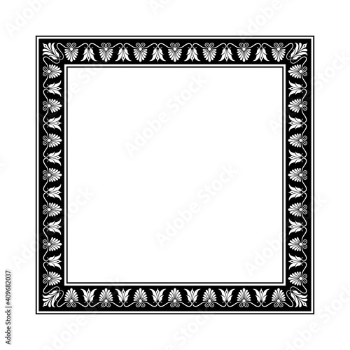Square decorative frame. Antic Greek style. Floral elements, vignettes. Black and white.