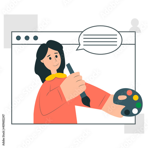 Online painting classes concept, girl painter holding a brush and palette with colorful paints, flat illustration