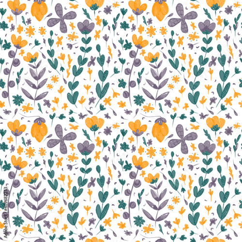 Scandinavian style seamless pattern with flowers on white.