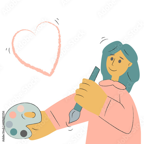 Young cartoon girl painter holding brush and palette painting heart shape on white background