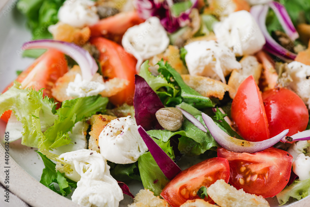 Panzanella salad with mozzarella cheese closeup view. Healthy italian salad Panzanella salad with mozzarella cheese closeup view. Healthy italian salad