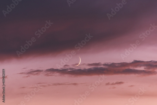 Obraz na płótnie New moon moon among pink clouds at sunset. w salonie