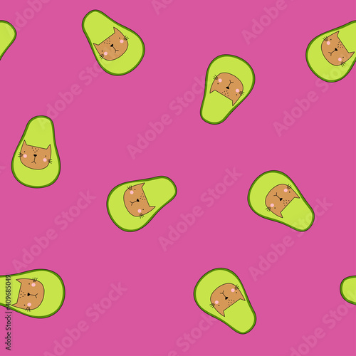 Cats in avocado vector seamless pattern. Funny children's pattern on pink background.Funny kittens backdrop. Cartoon vector background . For the design of textiles, fabric, wallpaper, wrapping paper.