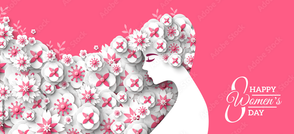 Fashion woman with long hair and floral pattern. Paper cut 3d spring flowers hairstyle. Vector Illustration. 8 March, Happy International Women's Day poster, greeting card or banner. Place for text
