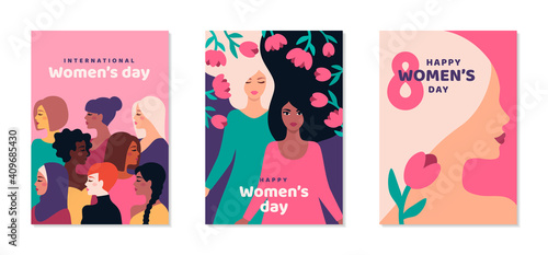 International Women's day posters set. Background with different woman face and flowers. 8 March card, flyer, invitation or brochure cover template for empowerment movement. Vector illustration.