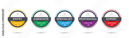 Set of company training badge certificates to determine based on criteria. Vector illustration certified logo with colorful line design.