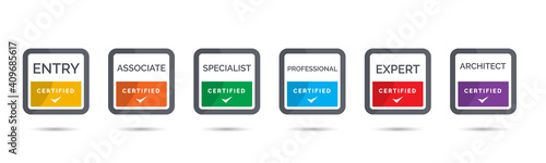 Set of company training badge certificates to determine based on criteria. Vector illustration certified logo geometric design.