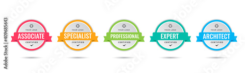 Certified badge logo design for company training badge certificates to determine based on criteria. Set bundle certify with colorful ribbon vector illustration.