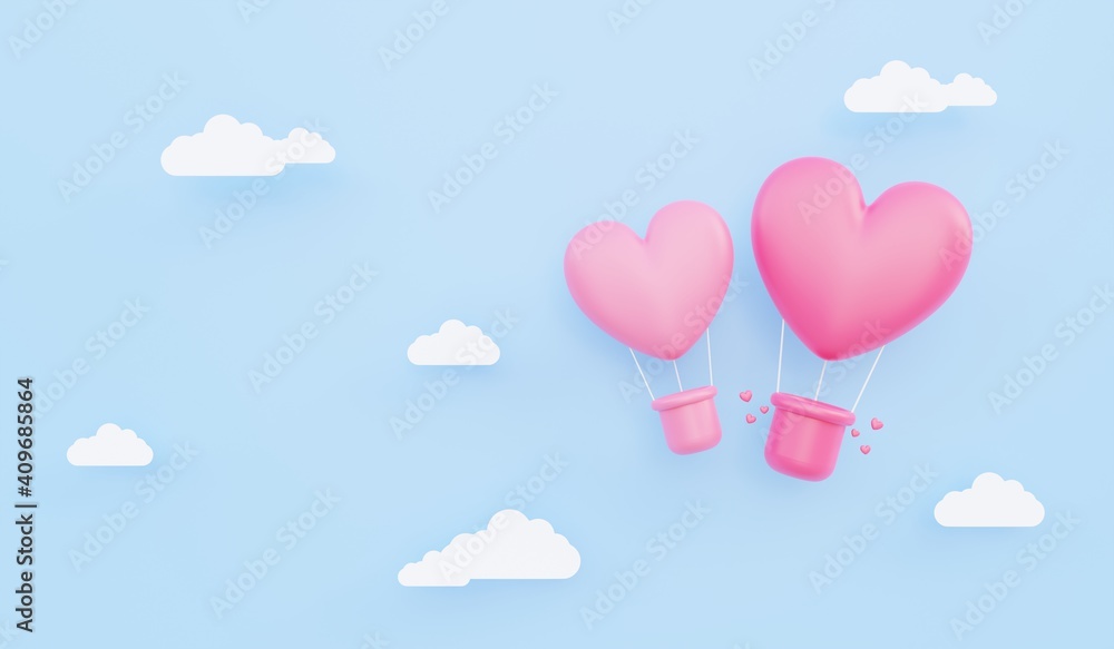 Valentine's day, love concept background, 3D illustration of pink heart shaped hot air balloons floating in the sky with paper cloud