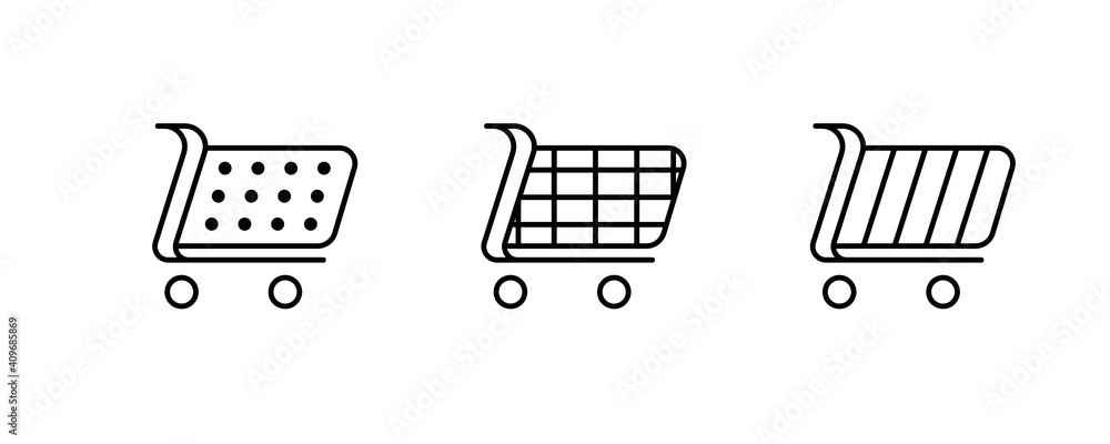 Set of 3 different shopping cart icons. Collection of web icons from various shopping cart icons in various shapes for online store. Add to cart website symbols, user interface pictograms. Art line. Set of 3 different shopping cart icons. Collection of web icons from various shopping cart icons in various shapes for online store. Add to cart website symbols, user interface pictograms. Art line.