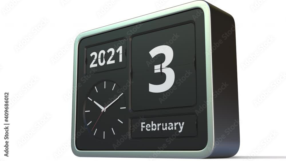 February 3 date on the retro flip clock calendar, 3d animation February 3 date on the retro flip clock calendar, 3d animation