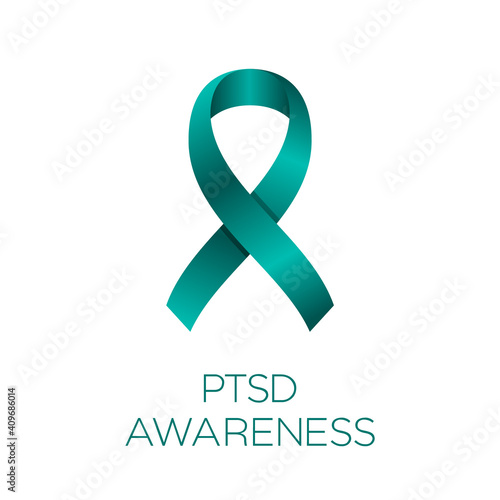 PTSD awareness ribbon. Post Traumatic Stress Disorder awareness day or month. Teal ribbon on white background. June 27. Anxiety triggered by a terrifying events. Vector illustration, flat, clip art.