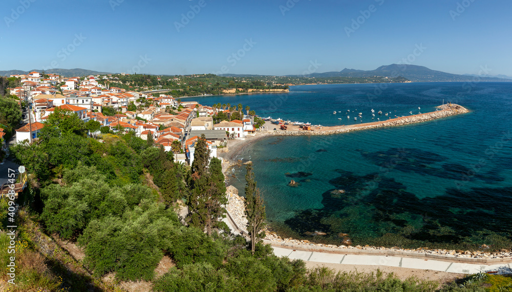 Koroni town, panoramic view of this traditional coastal town in the southernmost part of western Peloponnese, in Messinia region, Greece, Europe.   